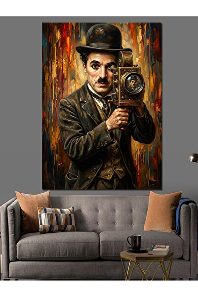 TabloPro Kamerasıyla Poz Veren Charlie Chaplin Yağlı Boya Dokulu Kanvas Tablo...