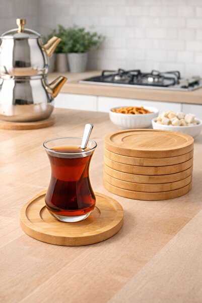 CİHO 6-Piece Bamboo Round Tea Plate / Tea Cup Plate