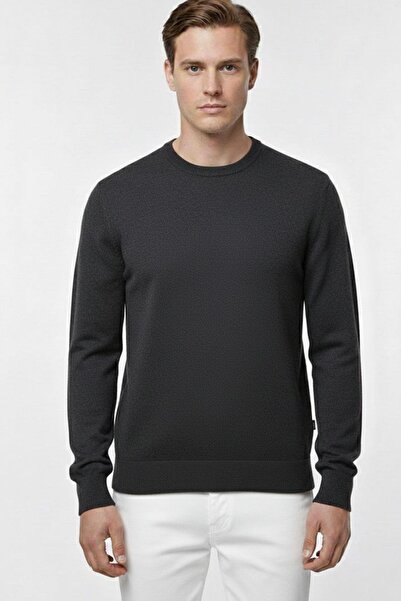 Sabri Özel Anthracite Regular Fit Cotton Crew Neck Men's Knitwear Sweater
