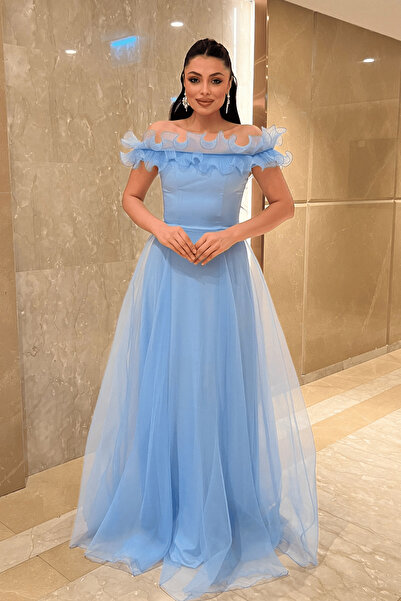giyimmasalı Organza Chiffon Fabric Evening Dress with Flounce Detail - Baby Blue