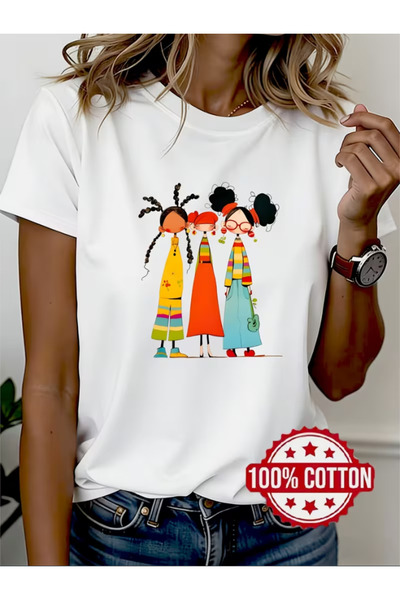 LİNA06 New Women'S Pure T-Shirt - Loose Round Neck Printed Short Sleeve Top