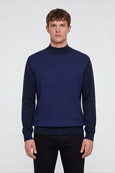 Sabri Özel Men's Navy Blue Wool Blend Classic Knit Sweater