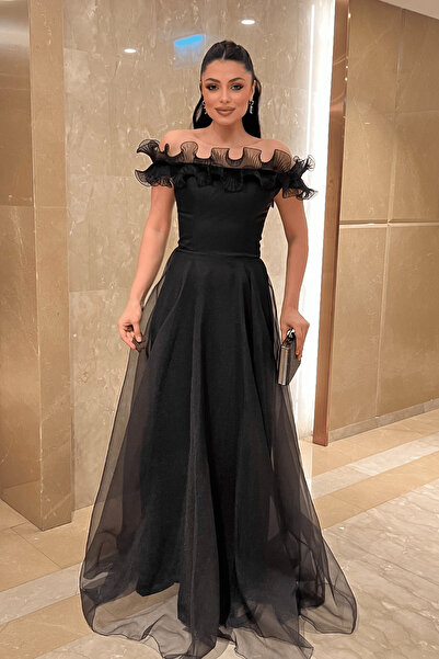 giyimmasalı Organza Chiffon Fabric Evening Dress with Flounce Detail - Black