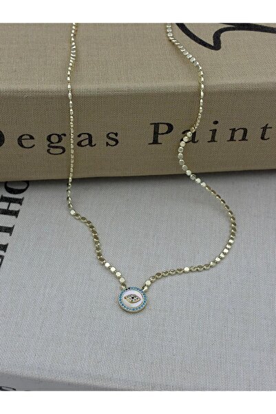 Hedef Bijuteri Blue Zircon Stone Gold Color Round Evil Eye Figure Flat Chain ...
