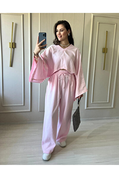 My Blog Pink V-Neck Bat Sleeve Blouse Pants Set - 40119