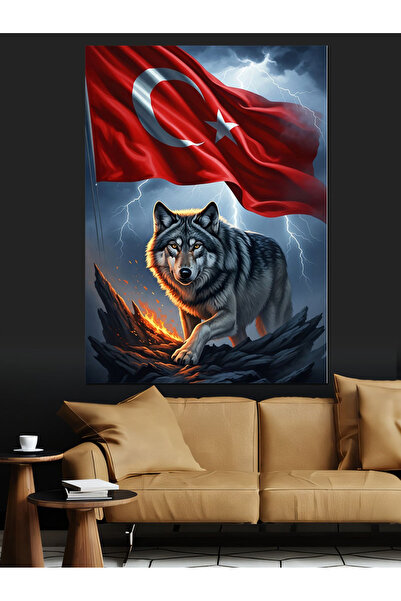 TabloPro Türk Bayrağı Ve Uluyan Kurt Yağlı Boya Dokulu Kanvas Tablo Canvas Ta...