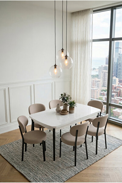 DEREN HOME Pufy Serisi 80x130 Açılabilir Masa +6 Adet Silinebilir Sandalye Ma...