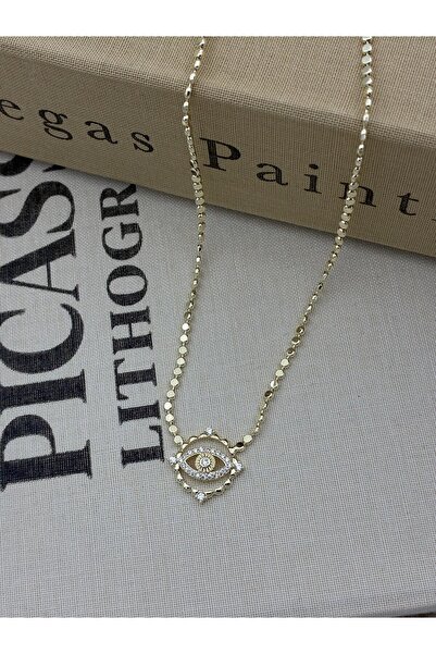 Hedef Bijuteri Zircon Stone Gold Color Evil Eye Figured Flat Chain Detail Nec...