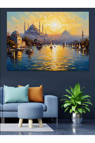 TabloPro Gün Batımında İstanbul Boğaz Manzarası Yağlı Boya Dokulu Kanvas Tabl...