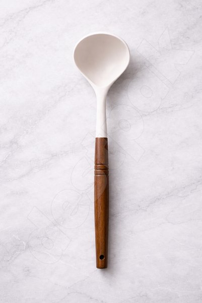 Destpak 4-Piece Silicone Serving Set - Spoon, Colander, Ladle, and Spatula with Acacia Handles - Fireproof Non-Stick