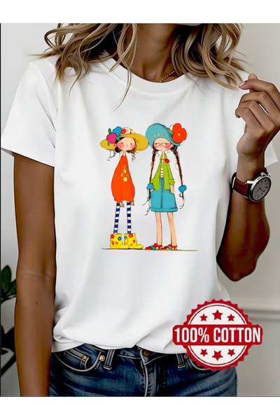 LİNA06 New Women'S Pure T-Shirt - Loose Round Neck Printed Short Sleeve Top