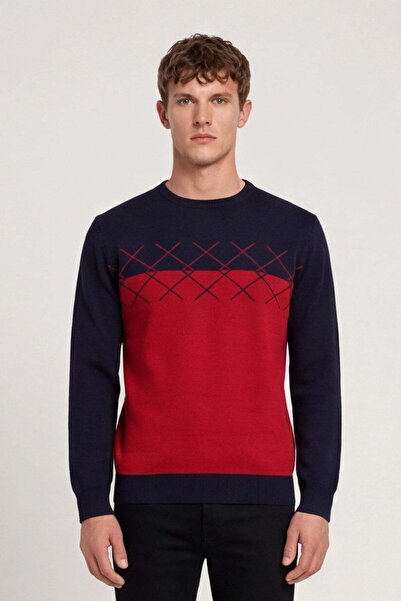 Sabri Özel Men's Navy Blue Red Patterned Wool Blend Knit Sweater
