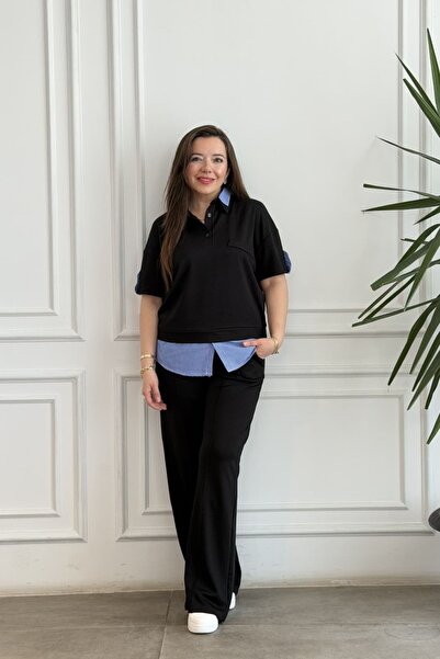 yb yağmur butik Σετ με κοντομάνικο πουκάμισο με γιακά πόλο και ριγέ λεπτομέρεια