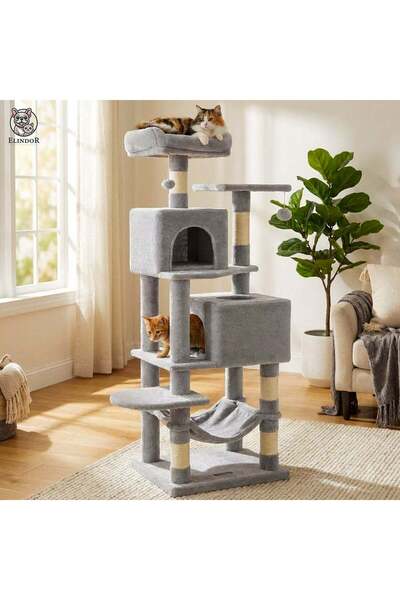 Elindor ®   Set de joacă pentru pisici, tip turn, 155 cm, stâlp de zgâriat di...