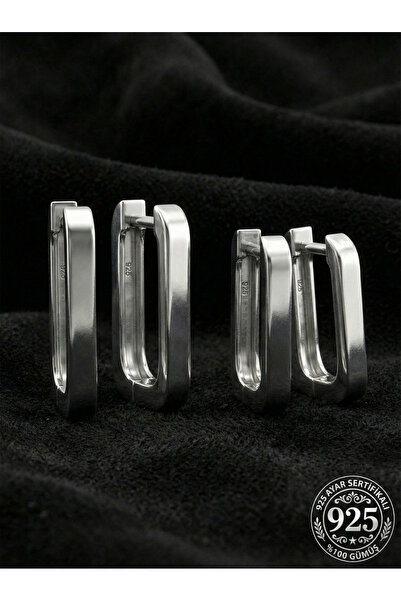 Roza Silver 925 Ayar Gümüş Rodyum Kaplama Dikdörtgen Huggie Halka Küpe Seti 2...
