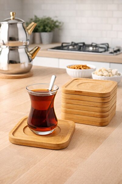 CİHO Set of 6 Bamboo Square Tea Plates / Tea Cup Saucers 10 cm