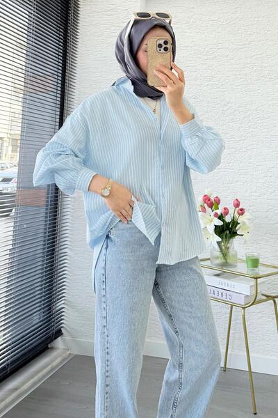MELEK ARAZ Γυναικείο πουκάμισο Oversize με σχέδιο ρίγες – Μπλε