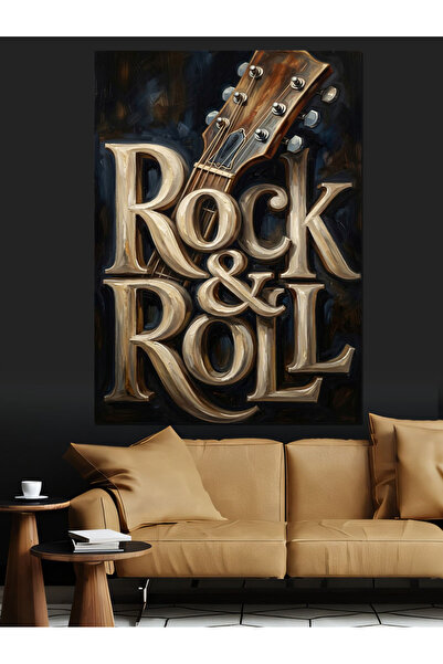 TabloPro Rock And Roll Yazılı Gitar Yağlı Boya Dokulu Kanvas Tablo Canvas Tab...