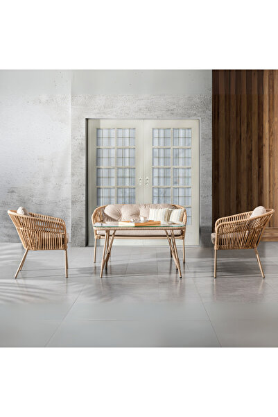 ENLIS Mini Rattan Bahçe Oturma Grubu 2+1+1 Alüminyum Sehpalı Minderli Balkon Set
