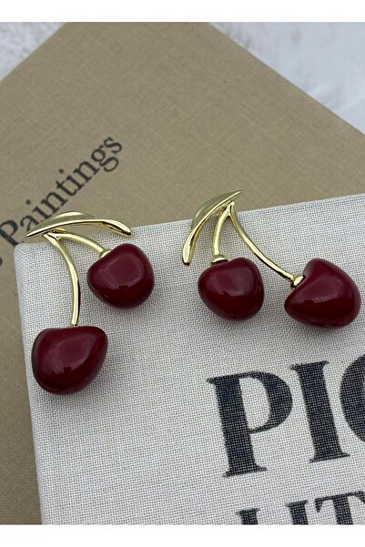 Hedef Bijuteri Red Double Cherry Detail Gold Color Design Earrings