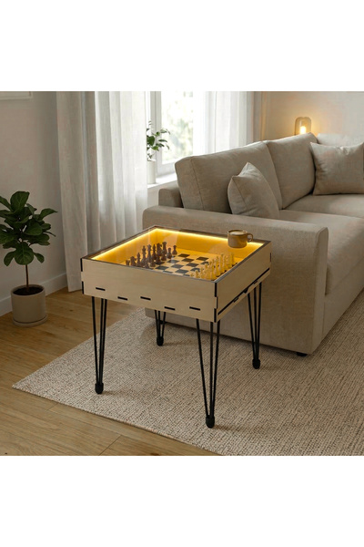 VENOCCİ Satranç Sehpası LED Aydınlatmalı Cam Kapaklı Orta Sehpa Puzzle Masası...