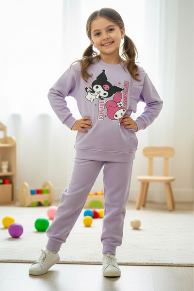 TOFİSA Girl's Lilac Printed Three-Thread Tracksuit Set - 28154-Lila