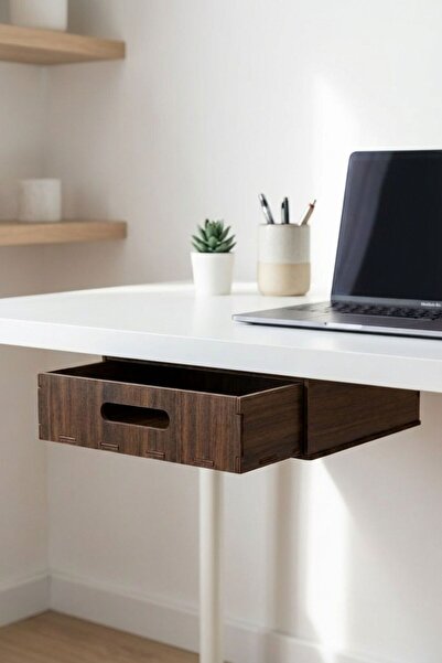 Evene Gizli Çekmece Organizer Masa Altı Saklama Kabı Ceviz Renk Model 1