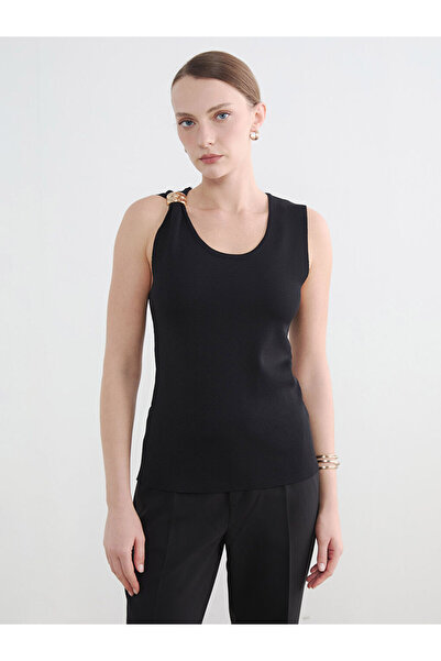LC Waikiki Vizyon New Season Black Appliqué Detailed Women's Knitwear Sweater