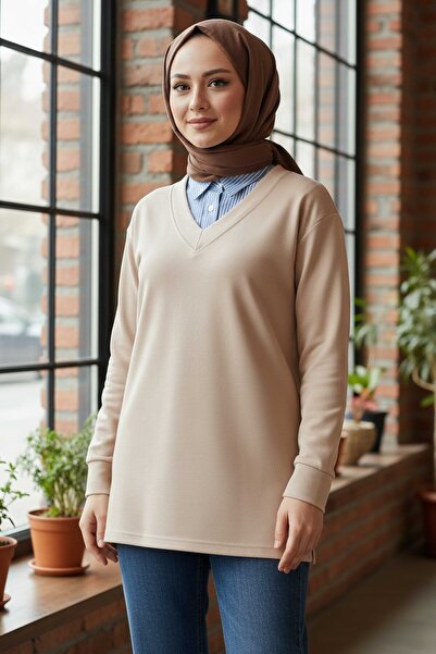 TOFİSA Туника от модал с детайли на яката, кремава - 1026-КРЕМ