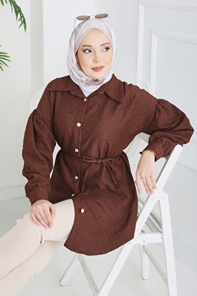 TOFİSA Embossed Detailed Buttoned Tunicq Brown - 28205-Brown