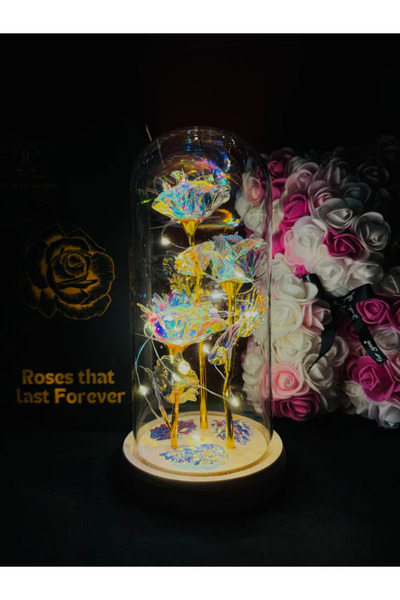 MyRavadino ™   3 Τριαντάφυλλα σε γυάλινο θόλο με φώτα LED, 22 εκ., Λευκά