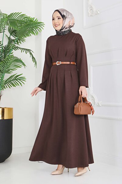 TOFİSA Φόρεμα με ζώνη και λεπτομέρεια από πιέτες, καφέ - 28228-ΚΑΦΕ