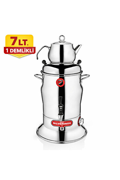 7 Lt 1 Demlikli Çay Semaveri 304 Paslanmaz Çelik 1100W Profesyonel Çay Makinesi