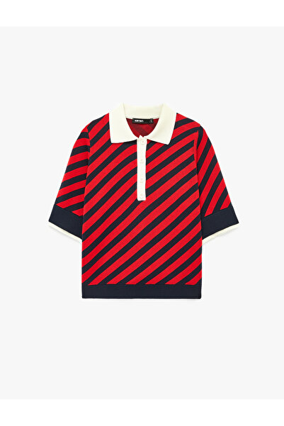 Koton Κοντομάνικο πλεκτό πουλόβερ με κουμπιά και ριγέ γιακά πόλο