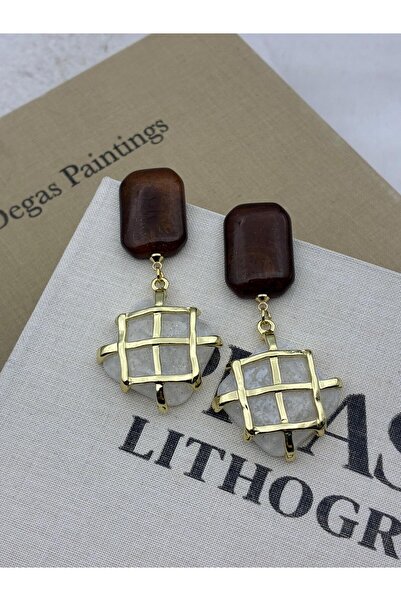 Hedef Bijuteri Gold Color Brown White Cage Detailed Natural Stone Look Earrings