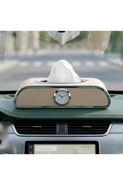 AutoFamily Car Tissue Box Holder with Clock – PU Leather Dashboard Tissue Dis...