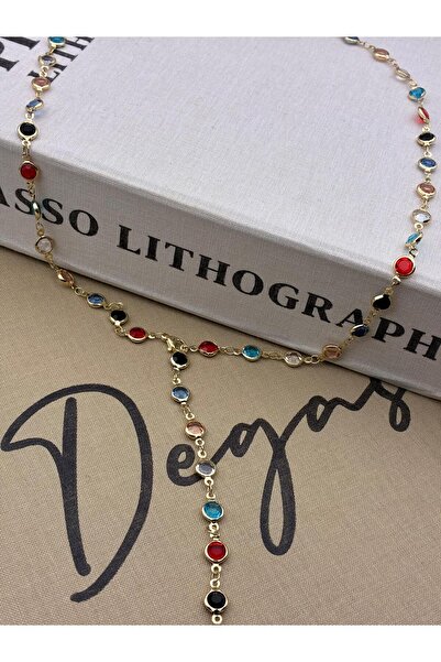 Hedef Bijuteri Steel Gold Color Zircon Stone Mixed Color Round Detailed Y Nec...