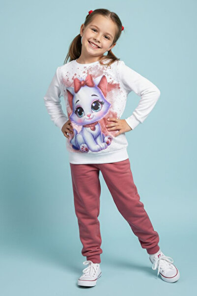 TOFİSA Girl's Dried Rose Printed Embroidered Pajama Set - 28238-Gul-Kurusu