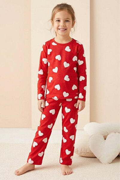 TOFİSA Κοριτσίστικο Σετ Πιτζάμες από Καστόρι με Κόκκινες Καρδιές - 28329-ΚΟΚΚΙΝΟ