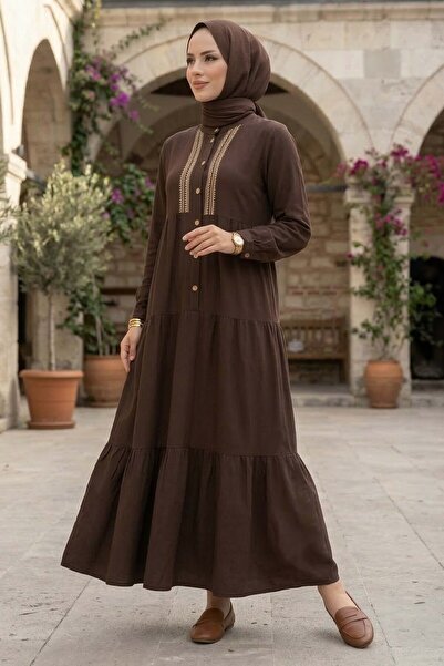 TOFİSA Embroidered Buttoned Woven Viscose Dress Brown - 28326-Brown