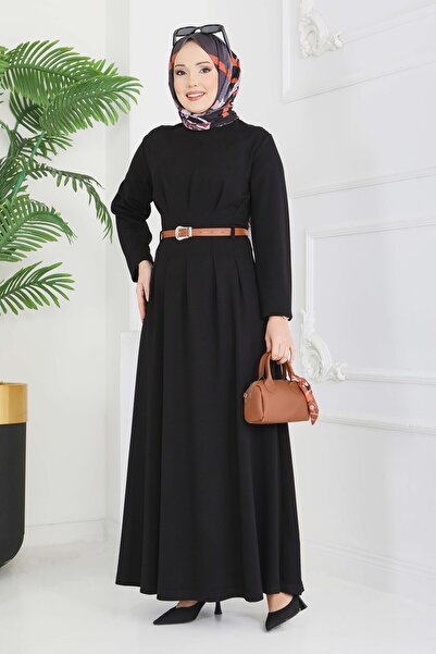 TOFİSA Belted Pleated Detailed Dress Black - 28228-Black