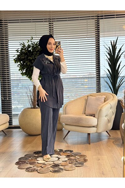 ALANURMODA 14454 Üst Yelek Ön Çıtçıtlı Broşlu Takım