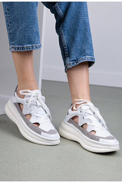 Dasha Pantofi dama albi cu gri din piele cu decupaje