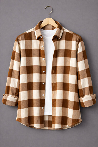 mavisima erkek giyimi Ανδρικό καρό πουκάμισο σε καφέ και λευκό χρώμα – Άνετη ...