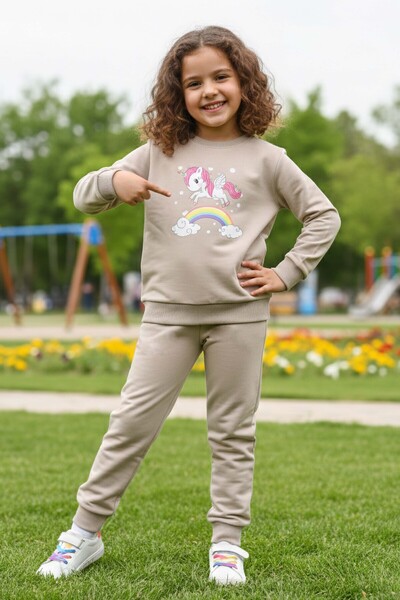 TOFİSA Κοριτσίστικο Σετ Μπεζ με Σχέδιο Ουράνιο Τόξο και Δύο Νήματα - 28290-BEJ