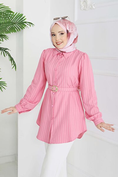 TOFİSA Туника със стеснен подгъв и колан в розово - 28208-РОЗОВ