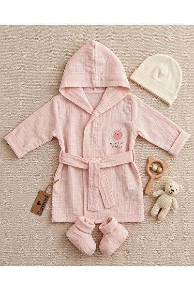 Caramel Children's Bathrobe - Girls' Pink Color - 2-Layer Natural Muslin Fabric