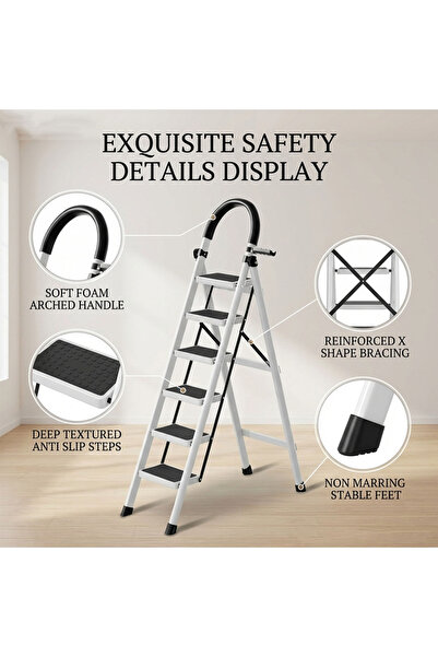 BESTONE Foldable 6-Step Step Ladder 180cm White Steel Stool with Wide Pedals ...
