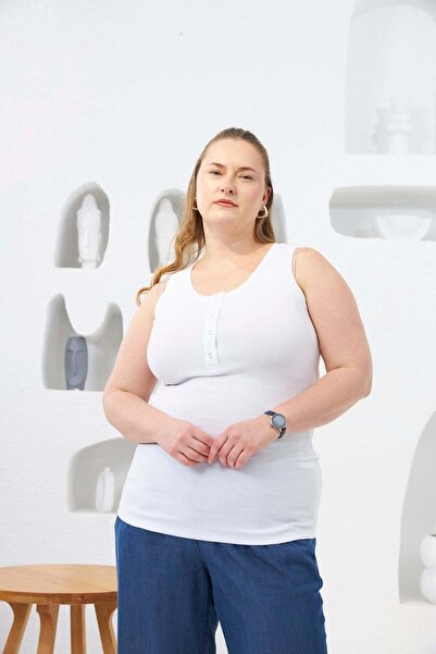 RMG Plus Size Camisole Undershirt with Front Snap Buttons Ecru