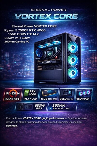 ETERNAL POWER VORTEX CORE Ryzen 5 7500F RTX 4060 16GB DDR5 1TB M.2 B650M WIFI...